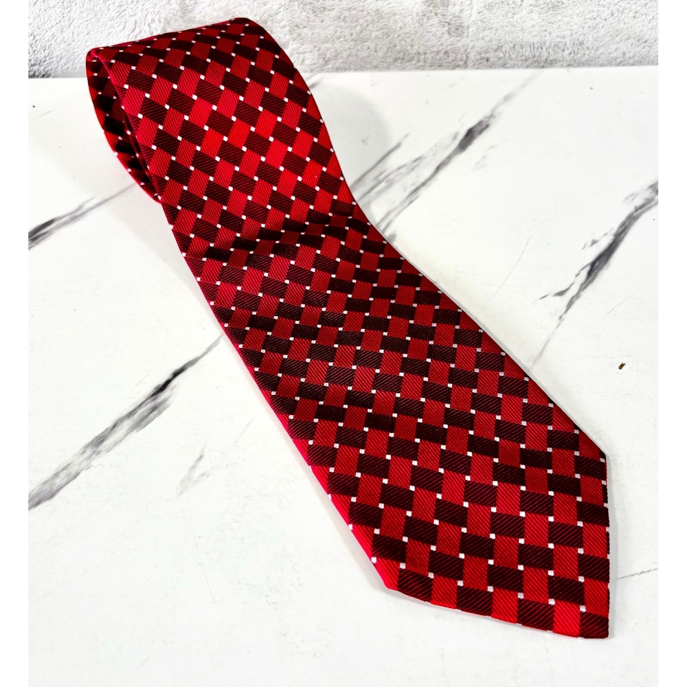 Brooks Brothers Makers Necktie Men OS Red Pure Silk Woven Geometric Made USA 59"